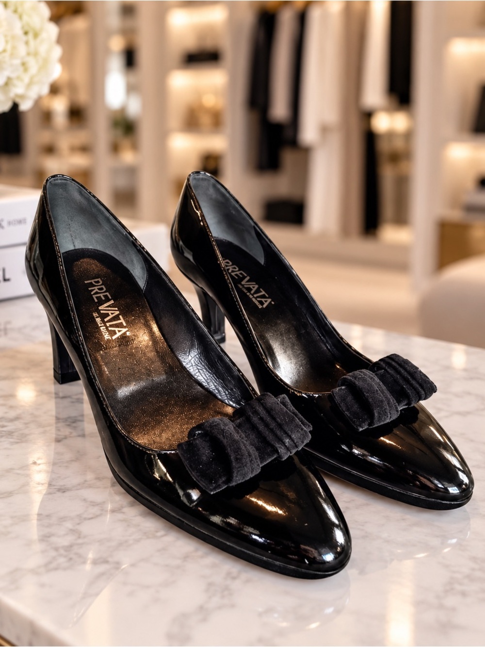 Prevata Italian Patent Leather Pumps Velvet Detail Black Size 8 Made in Italy